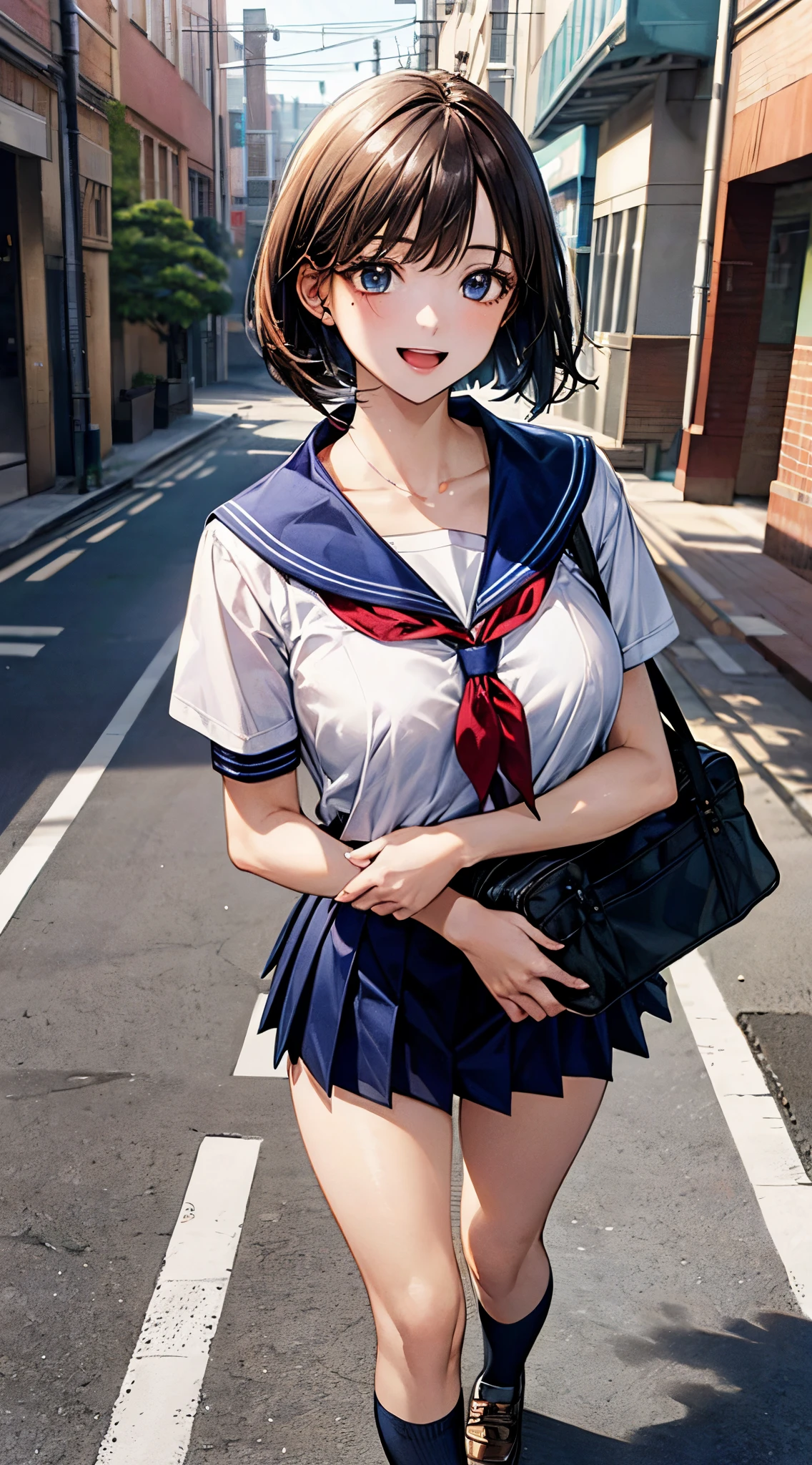Anime girl in uniform walking down the street with a purse - SeaArt AI