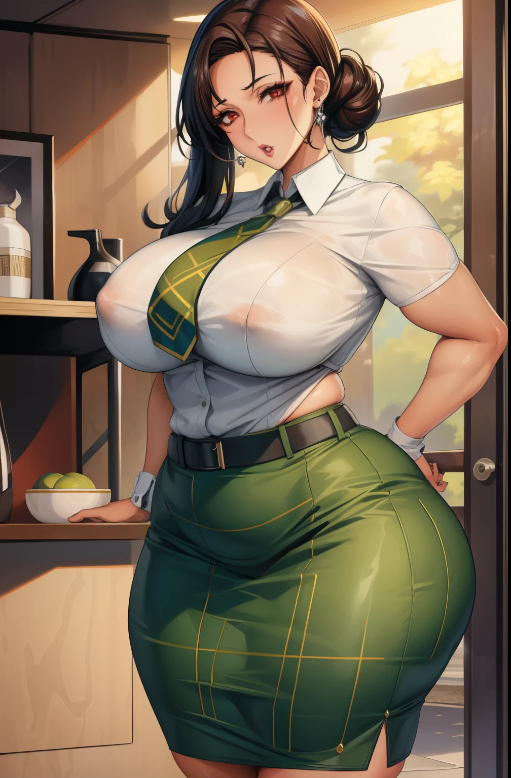 there is a woman in a skirt and shirt posing for a picture, (SFW) safe for work, Commission for high resolution, Chic, thick body, Thick, dressed casually, thick thigths, wide hips, high detailed official artwork, waist up portrait, full art illustration, anya from spy x family, oc commission, highly detailed exquisite fanart, Voluptuous body, curvy body, Tifa Lockhart, Naughty anime style, plus size model, Scruffy body,Erotic cartoon style body, Married woman's big ass,Eros of a married woman, Married woman style, Married woman atmosphere