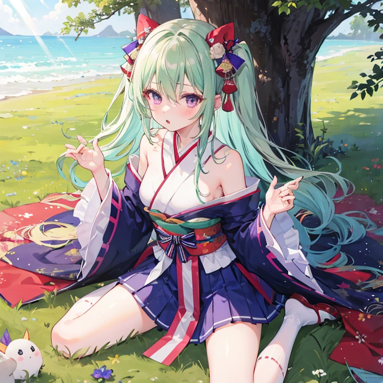 1girl, solo, long_hair, looking_at_viewer, blush, bangs, skirt, hair_ornament, long_sleeves, bow, hair_between_eyes, bare_shoulders, sitting, very_long_hair, purple_eyes, flower, hair_bow, pleated_skirt, frills, parted_lips, outdoors, japanese_clothes, green_hair, shoes, day, sleeveless, socks, miniskirt, wide_sleeves, kimono, off_shoulder, :o, two_side_up, tree, blue_skirt, sleeves_past_wrists, kneehighs, sash, hands_up, wariza, obi, brown_footwear, sunlight, grass, white_socks, loafers, ribbon_trim, ribbon-trimmed_sleeves, purple_skirt, purple_bow, star_hair_ornament, red_kimono, short_kimono, ribbon-trimmed_legwear, sleeveless_kimono, pinching_sleeves,Murasame