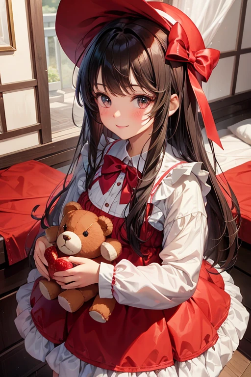 A beautiful girl in a pink dress and white lily hair is holding a teddy bear, 1girl in, Solo, Red bow, Background Simple, stuffed toy, Strawberries, fruit, Simple background, Bow, Long hair, stuffed animal, Looking at Viewer, Long sleeves, food, Teddy Bear, Holding, hat, Bangs, dress with many ribbons, Background removal, smiling  girl, pink  dress, Standing Girl