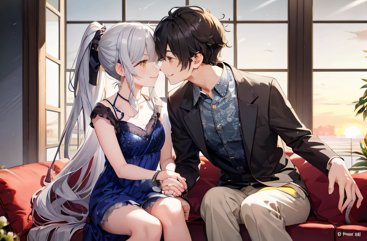 1 brown-eyed boy with short black hair in full spring suit and 1 silver wavy curly hair and messy ponytail Tall yellow eyes squirming girl in spring dress Juliet long smile smiling, (Boy with girl smiling), (Boy with girl smiling and loviling)