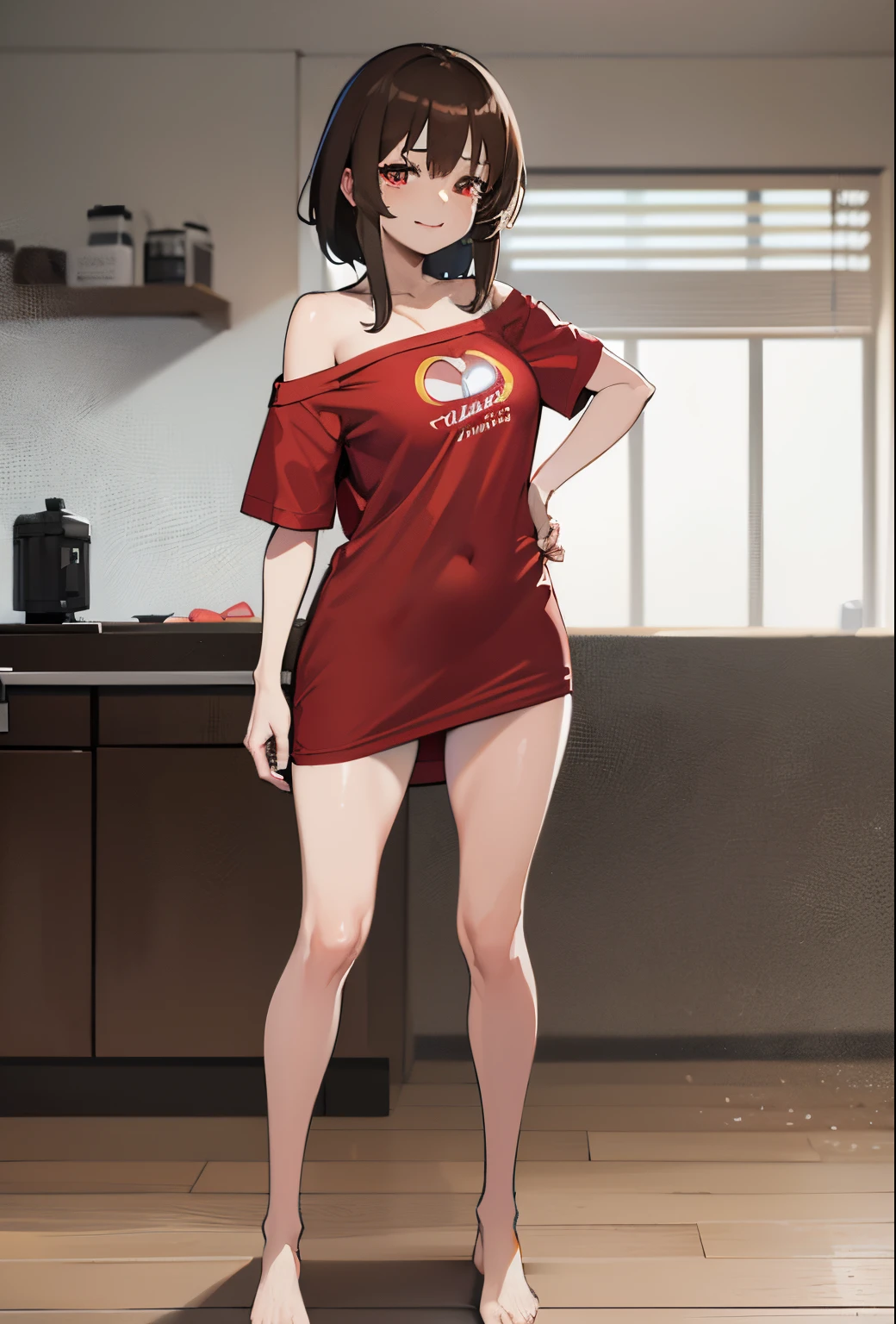 (beste-Qualit, 8K, 12), 1 girl, (megumin), brown hair, the perfect body, ultra detail face, detailed lips, (((very small boobs))), red eyes, cleavage, looking at viewer, lewd smile, ((oversize tshirt)), off shoulders, no pants, washing machines, thighs, ((white tshirt)), standing, hands on waist