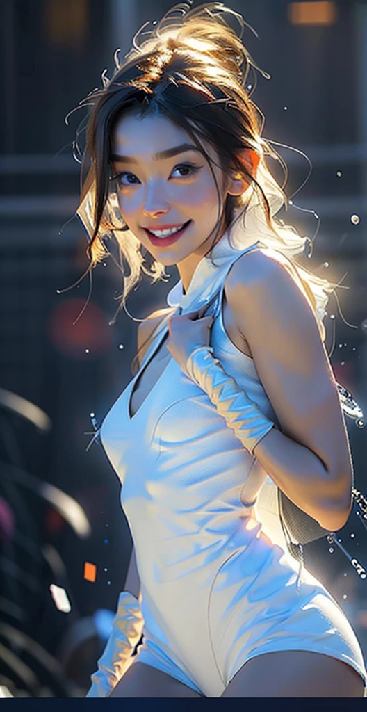 a glowing head made of glass and a glowing body made of glass, beautiful face, detail face, full body, long legs, nice smile, good arms and hands, amazing particles pulling out of the glass head and body, like droplets of glass floating, 8k highly detailed digital art, intricate artwork, octane render, mind-bending digital art, breathtaking digital art, 3d digital art, 8k hd wallpaper, volumetric lighting, highly reflective glass particles