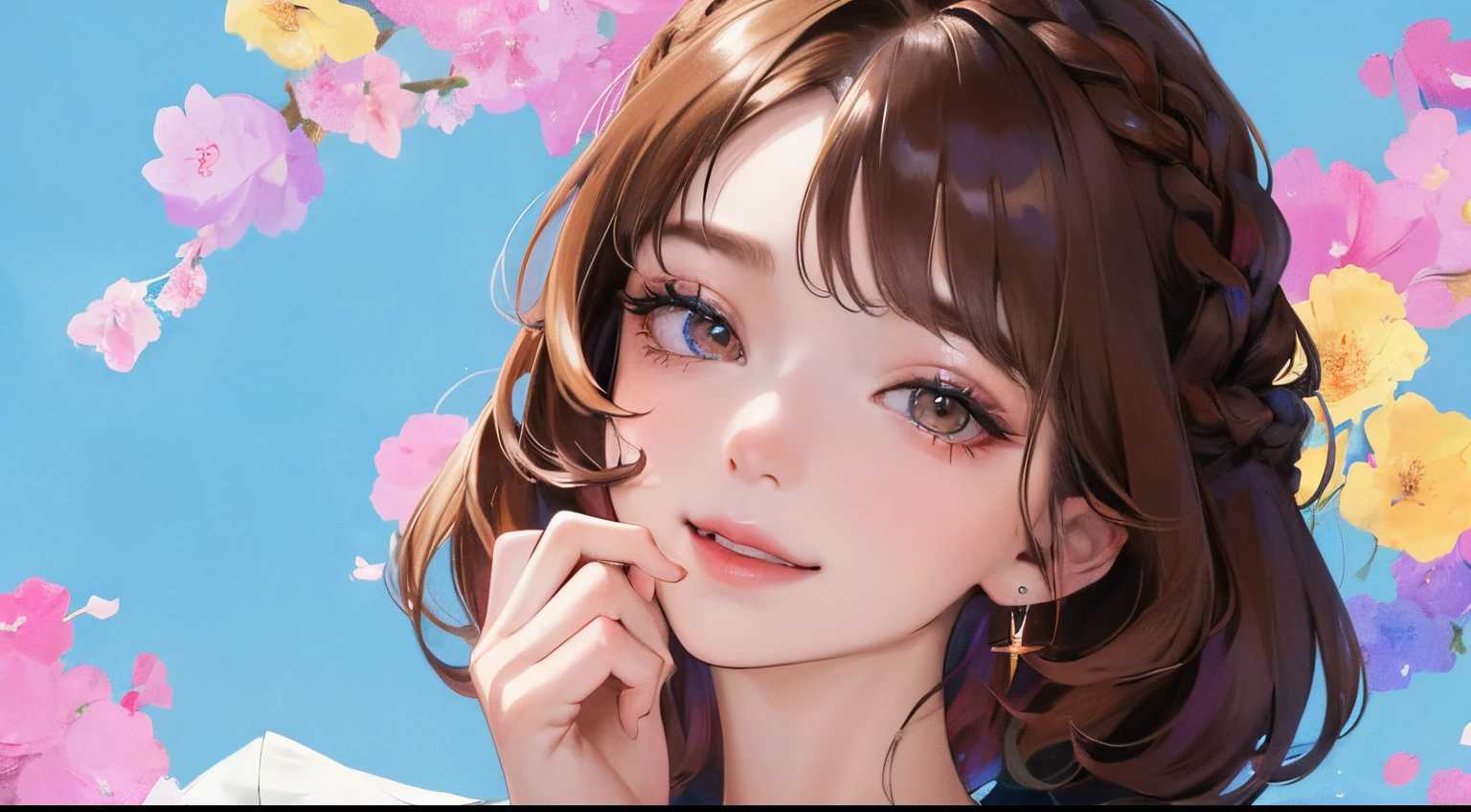 (((1人の女性)))、(Top resolution、Distinct_image) best qualtiy、(((Pop)))、９０Age style、((colorful backdrop))、((illuminating))、ighly detailed、Semi-realistic、Brown hair、((makeups)),Braided hairstyle、A smile、eye glass、bangss、20yr old、年轻、((tshirts))、delicated facial features、Facial features、View from below