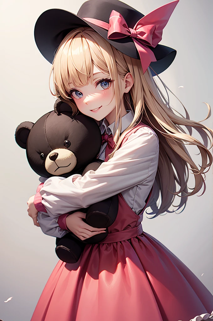 A beautiful girl in a pink dress and white lily hair is hugging a teddy bear, 1girl in, Solo, Red bow, Background Simple, stuffed toy, Simple background, Bow, Long hair, stuffed animal, Looking at Viewer, Long sleeves, food, Teddy Bear, Holding, hat, Bangs, dress with many ribbons, Background removal, smiling girl, pink dress, Standing Girl, a blond, Dresses with frills