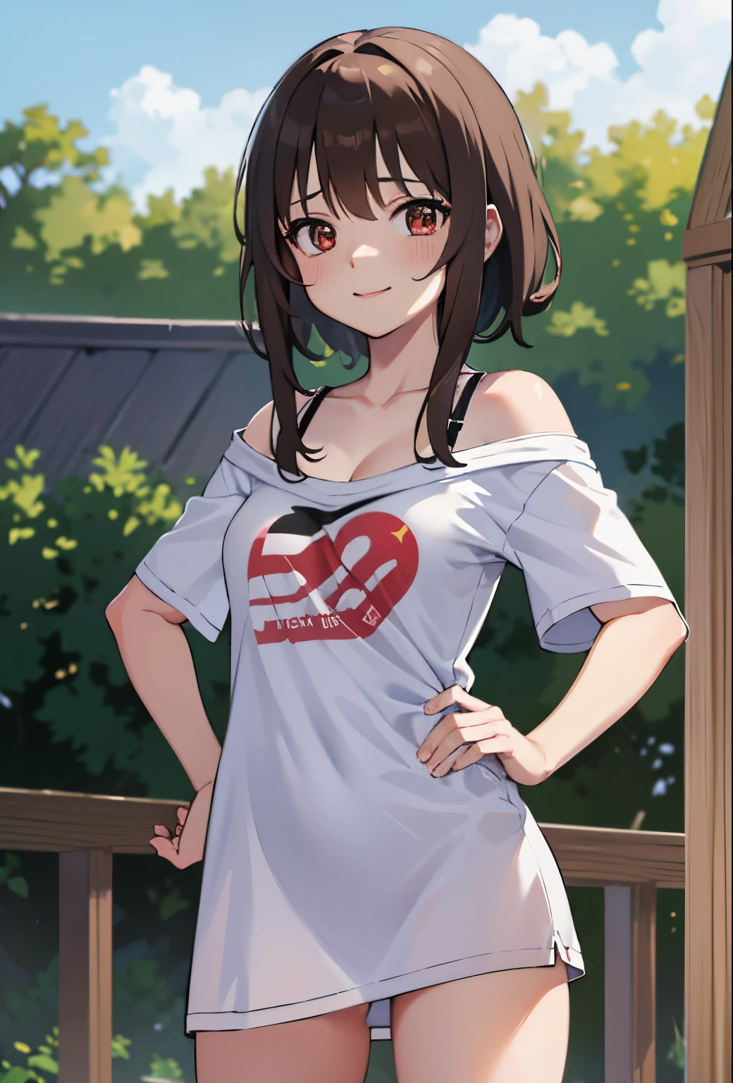 (beste-Qualit, 8K, 12), 1 girl, (megumin), brown hair, the perfect body, ultra detail face, detailed lips, (((very small boobs))), red eyes, cleavage, looking at viewer, lewd smile, ((oversize tshirt)), off shoulders, no pants, washing machines, thighs, ((white tshirt)), standing, hands on waist, bra strap, cowbot shot