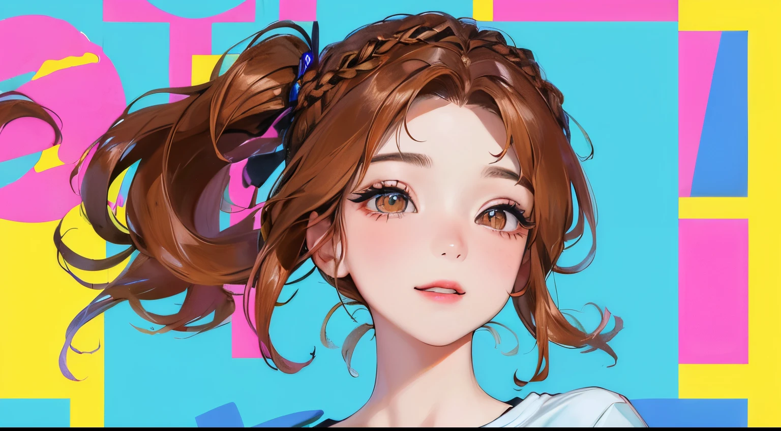(((1人の女性)))、(Top resolution、Distinct_image) best qualtiy、(((Pop)))、1990's、((colorful backdrop))、((illuminating))、ighly detailed、Semi-realistic、Brown hair、((makeups)),Braided hairstyle、A smile、bangss、20yr old、年轻、((tshirts))、delicated facial features、Facial features、View from below