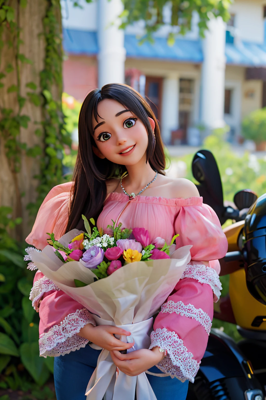 Cute girl, beautiful skin, detailed skin, big smile,girl with flower bouquet, cute girl, light pink blouse with open shoulder, blue trouser, long hair, beautiful eyes, cute smile, beautiful background