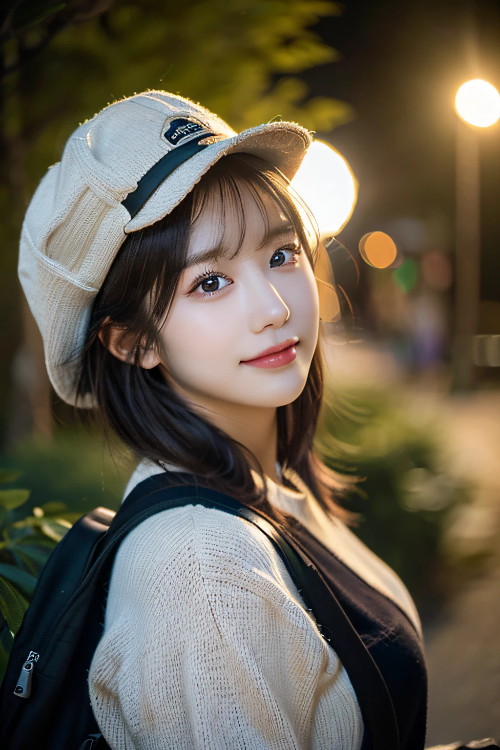 (top-quality, masterpiece:1.3, high resolution,), randome pose, (ultra-detailliert,Caustics),(Photorealsitic:1.4,RAW shooting,) Ultra-realistic capture,A highly detailed,High resolution 16K human skin closeup, Skin texture is natural, The skin looks healthy with an even tone, Use natural light and color, 1 girl, japanes, 23years old, kawaii, A dark-haired, Middle hair, smil, (depth of fields, chromatic abberation, Wide range of lighting, Natural Shading), ((upper body selfie)), outdoors, (night), mountains, nature, (stars, moon) cheerful, happy, backpack, mountain boots, gloves, sweater, hat, flashlight, forest, rocks, river, wood, smoke, shadows, contrast, clear sky, analog style (look at viewer:1.2) (skin texture) (film grain:1.3), (warm hue, warm tone)