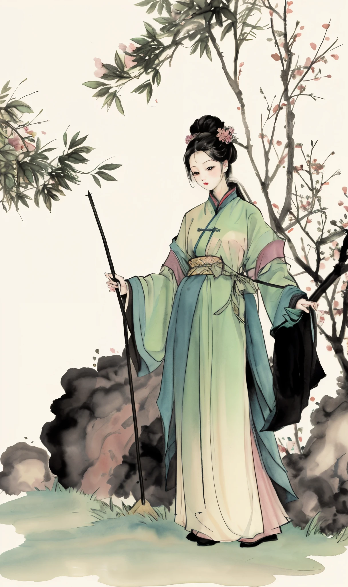 chinese paintings，ink and watercolor painting，Traditional chinese painting，pink color clothes