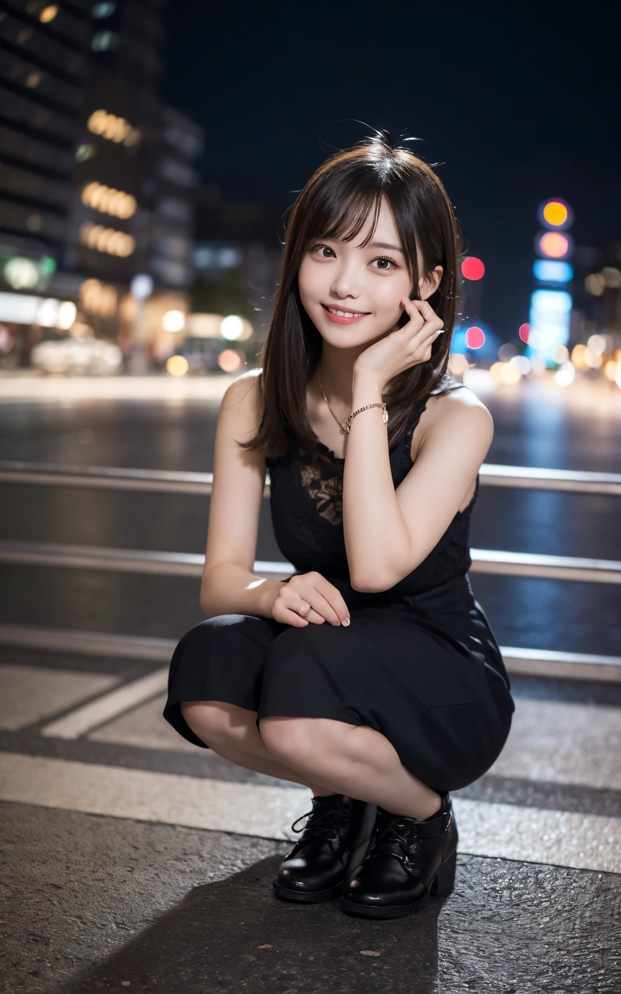 Innocent 20 year old girl, ((girl squatting behind)), Smile,night city background,short-cut、Raw photo, perfect proportion, (8K, top-quality, masterpiece:1.2), (intricate detailes:1.4),