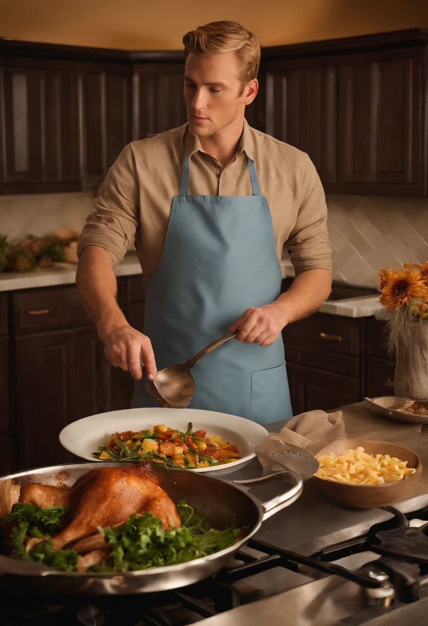 A photo of MormonMorgan cooking a large meal for his 7 wives and potential future wives,original,MormonMorgan is blonde with blue eyes and he’s nearly 7 ft tall
