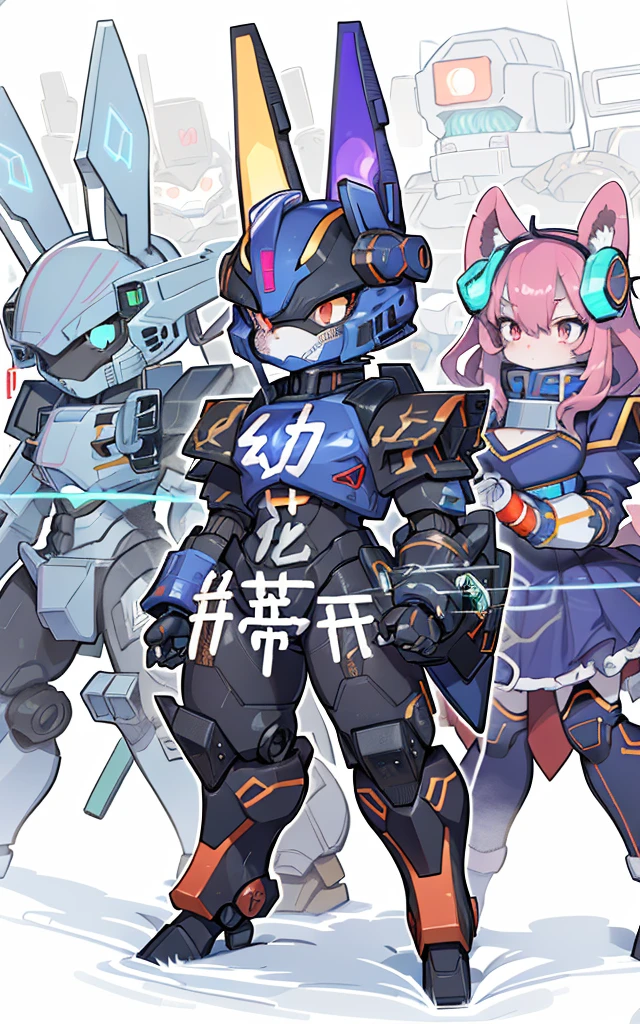 Cartoon image of robot rabbit holding gun, mecha cyber armor, Cool mech style, Mecha suit, Full robot full body mecha suit, cyber fight armor, wearing cyber armor, anime mecha armor, Purple armor, Complex assassin mecha, Mecha Inspiration, Trio, three roles, Spatial perspective, The vision becomes blurred