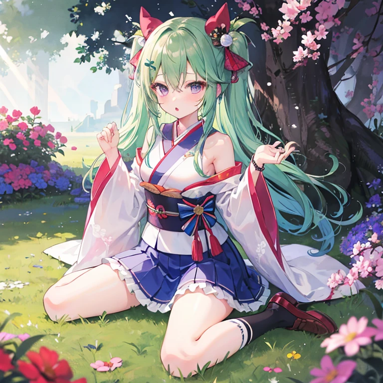 1girl, solo, long_hair, looking_at_viewer, blush, bangs, skirt, hair_ornament, long_sleeves, bow, hair_between_eyes, bare_shoulders, sitting, very_long_hair, purple_eyes, flower, hair_bow, pleated_skirt, frills, parted_lips, outdoors, japanese_clothes, green_hair, shoes, day, sleeveless, socks, miniskirt, wide_sleeves, kimono, off_shoulder, :o, two_side_up, tree, blue_skirt, sleeves_past_wrists, kneehighs, sash, hands_up, wariza, obi, brown_footwear, sunlight, grass, white_socks, loafers, ribbon_trim, ribbon-trimmed_sleeves, purple_skirt, purple_bow, star_hair_ornament, red_kimono, short_kimono, ribbon-trimmed_legwear, sleeveless_kimono, pinching_sleeves,Murasame