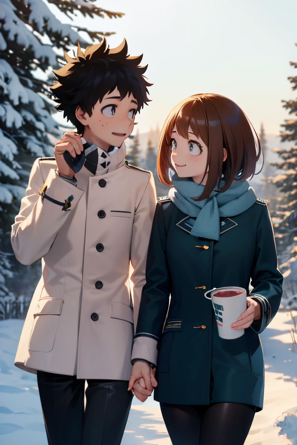 (a young boy with green spiky hair) and Ochaco Uraraka (a girl with short brown hair and pink cheeks) walking through a winter wonderland under a snowie sky, surrounded by snow covered trees. The snow flakes gently falling on their happy expressions, making their eyes sparkle with joy. Izuku wears green winter coat that resembles hero costume while Ochaco is dressed in a cute winter coat and jeans, adding to the cheerful atmosphere. Walking through a winter wonderland hand in hand and holding a cup of hot chocolate in free hands. Soft flakes of snow fall down like confetti, creating a magical ambiance. The love between Izuku and Ochaco is evident in their affectionate gestures, holding hands and stealing sweet glances at each other. The scenery captivates the viewer with its dreamlike quality – a blend of detailed elements and vibrant colors, evoking a sense of happiness and tranquility. The artwork is rendered in a beautiful, realistic style with high-resolution, capturing every intricate detail of the characters, their surroundings, and the delicate flakes of snow. The composition of the painting highlights the relationship between Izuku and Ochaco, emphasizing their connection and love for each other. The color palette emphasizes warm, pastel tones, enhancing the romantic atmosphere of the scene. The lighting is soft and warm, casting gentle shadows and creating a serene ambiance.