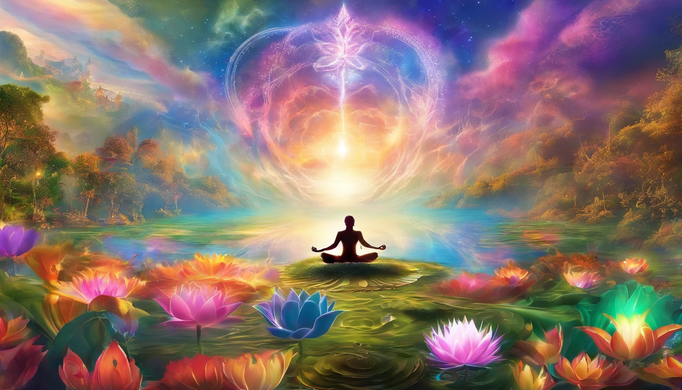 Brilliant light, Yoga location There are 7 chakras around the light spectrum, Vibrante Colorsa Colorslashh Explosion of Colors, Beautiful woman in white dressed sitting on a water lily, complex stuff around, Complicated in the background, spiritual, sacred, dream-like, universe, The heart blows, deity, pineal gland, Same dream, (Highly detailed CG Unity 16k wallpapers:1.1), (Denoising strength: 1.45), (tmasterpiece:1.37), A hyper-realistic, god rays, Ray traching, UHD, Award-Standing