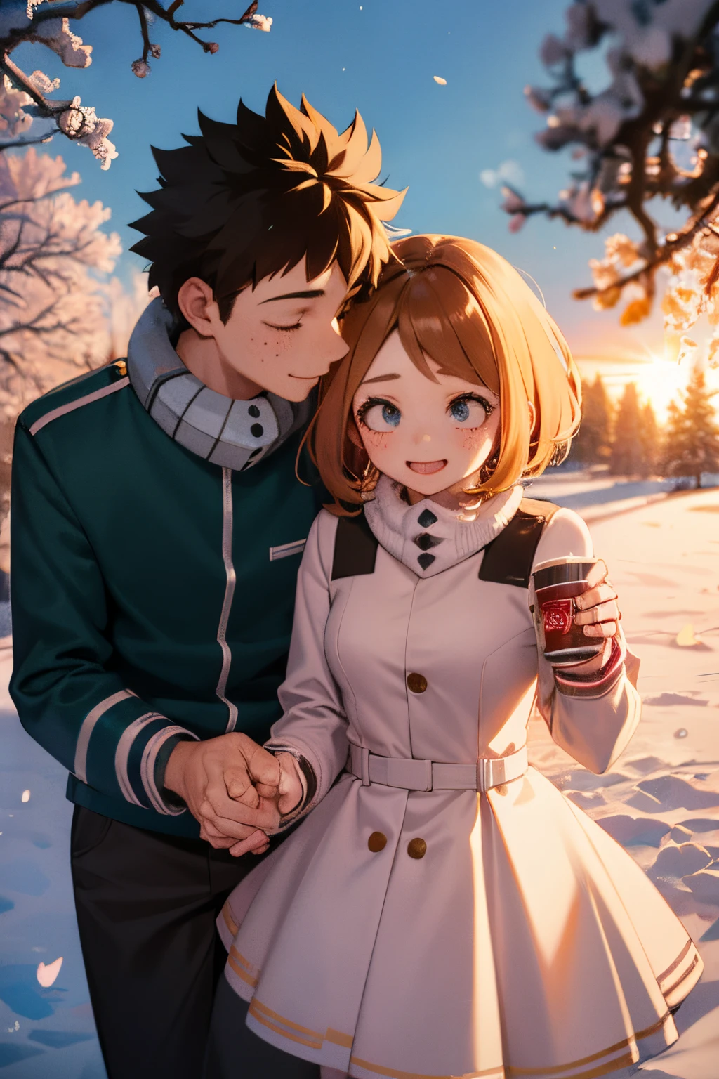 (a young boy with green spiky hair) and Ochaco Uraraka (a girl with short brown hair and pink cheeks) walking through a winter wonderland under a snowie sky, surrounded by snow covered trees. The snow flakes gently falling on their happy expressions, making their eyes sparkle with joy. Izuku wears green winter coat that resembles hero costume while Ochaco is dressed in a cute winter ski suit, adding to the cheerful atmosphere. Walking through a winter wonderland hand in hand and holding a cup of hot chocolate in free hands. Soft flakes of snow fall down like confetti, creating a magical ambiance. The love between Izuku and Ochaco is evident in their affectionate gestures, holding hands and stealing sweet glances at each other. The scenery captivates the viewer with its dreamlike quality – a blend of detailed elements and vibrant colors, evoking a sense of happiness and tranquility. The artwork is rendered in a beautiful, realistic style with high-resolution, capturing every intricate detail of the characters, their surroundings, and the delicate petals of the cherry blossoms. The composition of the painting highlights the relationship between Izuku and Ochaco, emphasizing their connection and love for each other. The color palette emphasizes warm, pastel tones, enhancing the romantic atmosphere of the scene. The lighting is soft and warm, casting gentle shadows and creating a serene ambiance.