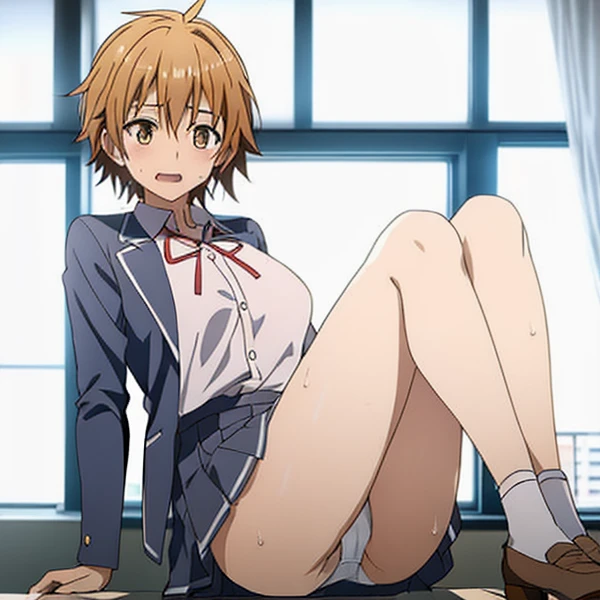 blushed、(Female 1、Japan school uniform、sit with curled under、checked skirt、White panties that cut into your thighs、pigeon-toed)、short-hair、full body Esbian、feminine breasts、ligh brown hair、(masutepiece, Best Quality)、 Shiny skin、(1girll: nase, Naughty blush, Sweat flows)