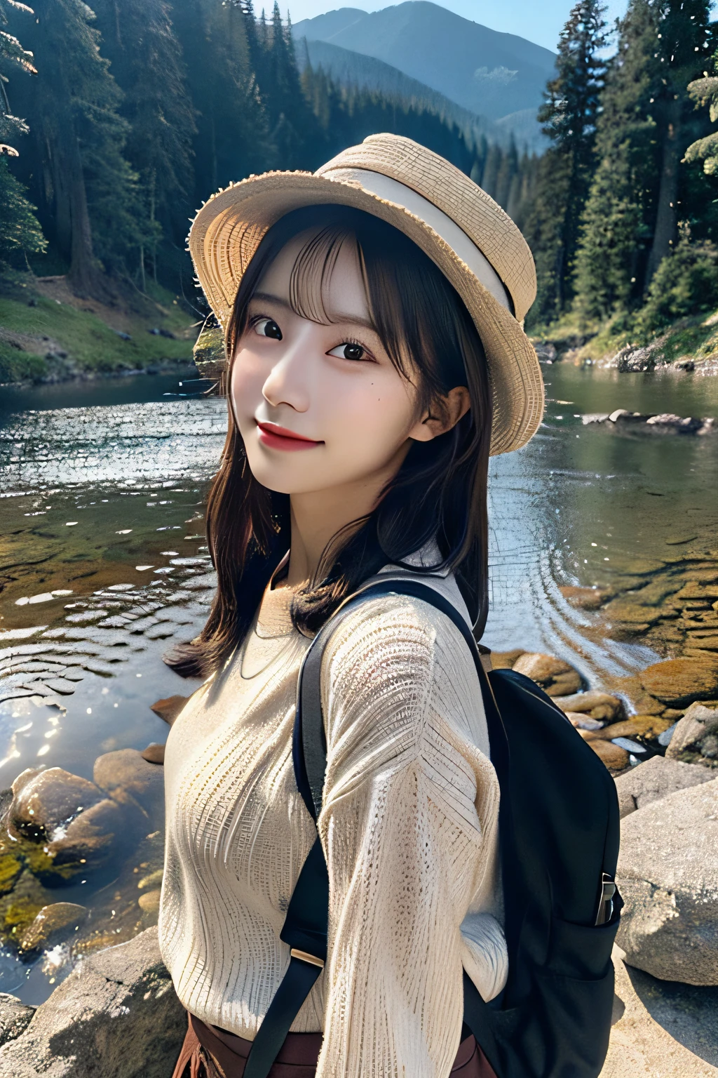(top-quality, masterpiece:1.3, high resolution,), randome pose, (ultra-detailliert,Caustics),(Photorealsitic:1.4,RAW shooting,) Ultra-realistic capture,A highly detailed,High resolution 16K human skin closeup, Skin texture is natural, The skin looks healthy with an even tone, Use natural light and color, 1 girl, japanes, 23years old, kawaii, A dark-haired, Middle hair, smil, (depth of fields, chromatic abberation, Wide range of lighting, Natural Shading), ((upper body selfie)), outdoors, (night), mountains, nature, (stars, moon) cheerful, happy, backpack, mountain boots, gloves, sweater, hat, flashlight, forest, rocks, river, wood, smoke, shadows, contrast, clear sky, analog style (look at viewer:1.2) (skin texture) (film grain:1.3), (warm hue, warm tone)