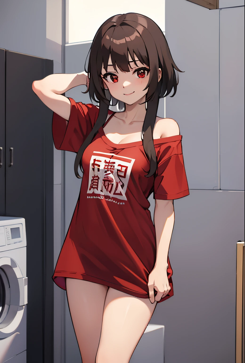 (beste-Qualit, 8K, 12), 1 girl, (megumin), brown hair, the perfect body, ultra detail face, detailed lips, (((very small boobs))), red eyes, cleavage, looking at viewer, lewd smile, ((oversize tshirt)), off shoulders, no pants, washing machines, thighs, ((white tshirt)), standing, hands on waist, strap, cowbot shot, close up, laundry room