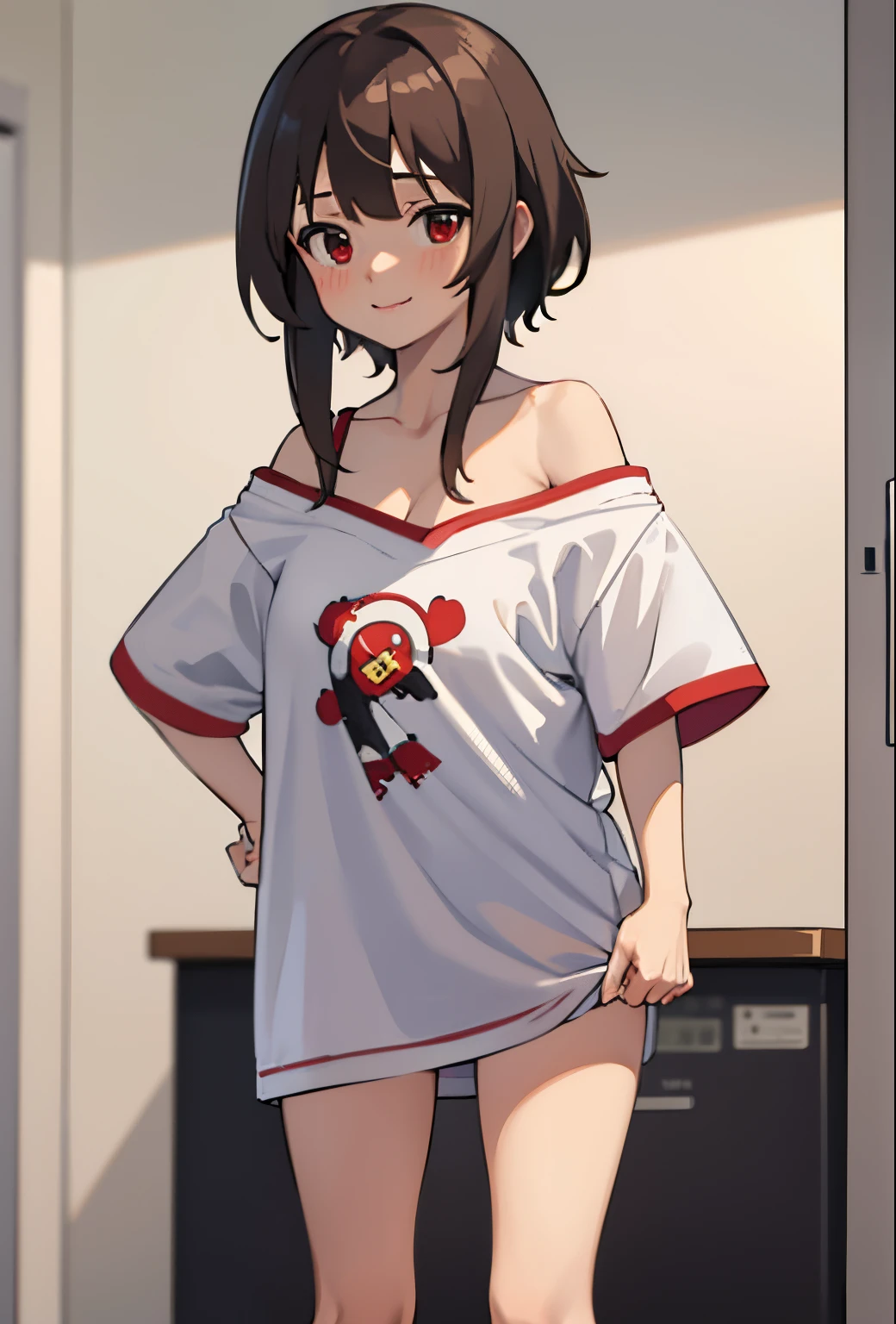 (beste-Qualit, 8K, 12), 1 girl, (megumin), brown hair, the perfect body, ultra detail face, detailed lips, (((very small boobs))), red eyes, cleavage, looking at viewer, lewd smile, ((oversize tshirt)), off shoulders, no pants, washing machines, thighs, ((white tshirt)), standing, hands on waist, strap, cowbot shot, close up, laundry room