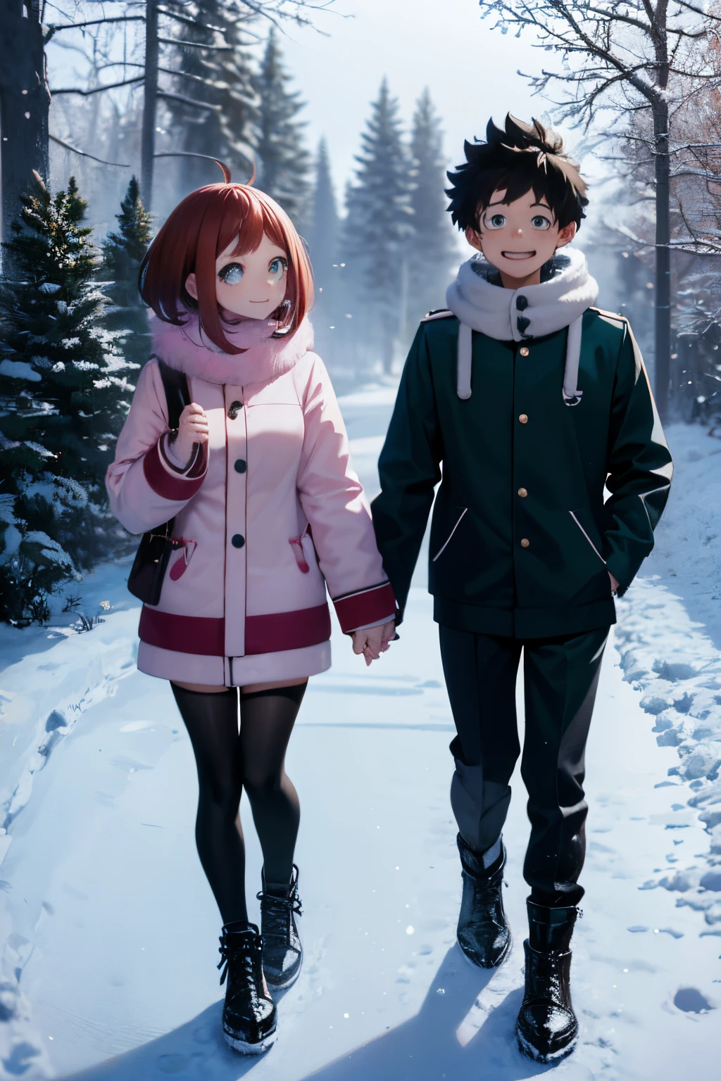 Cute couple Izuku Midoriya & Ochaco Uraraka walking hand in hand though a winter wonderland, snow-covered park