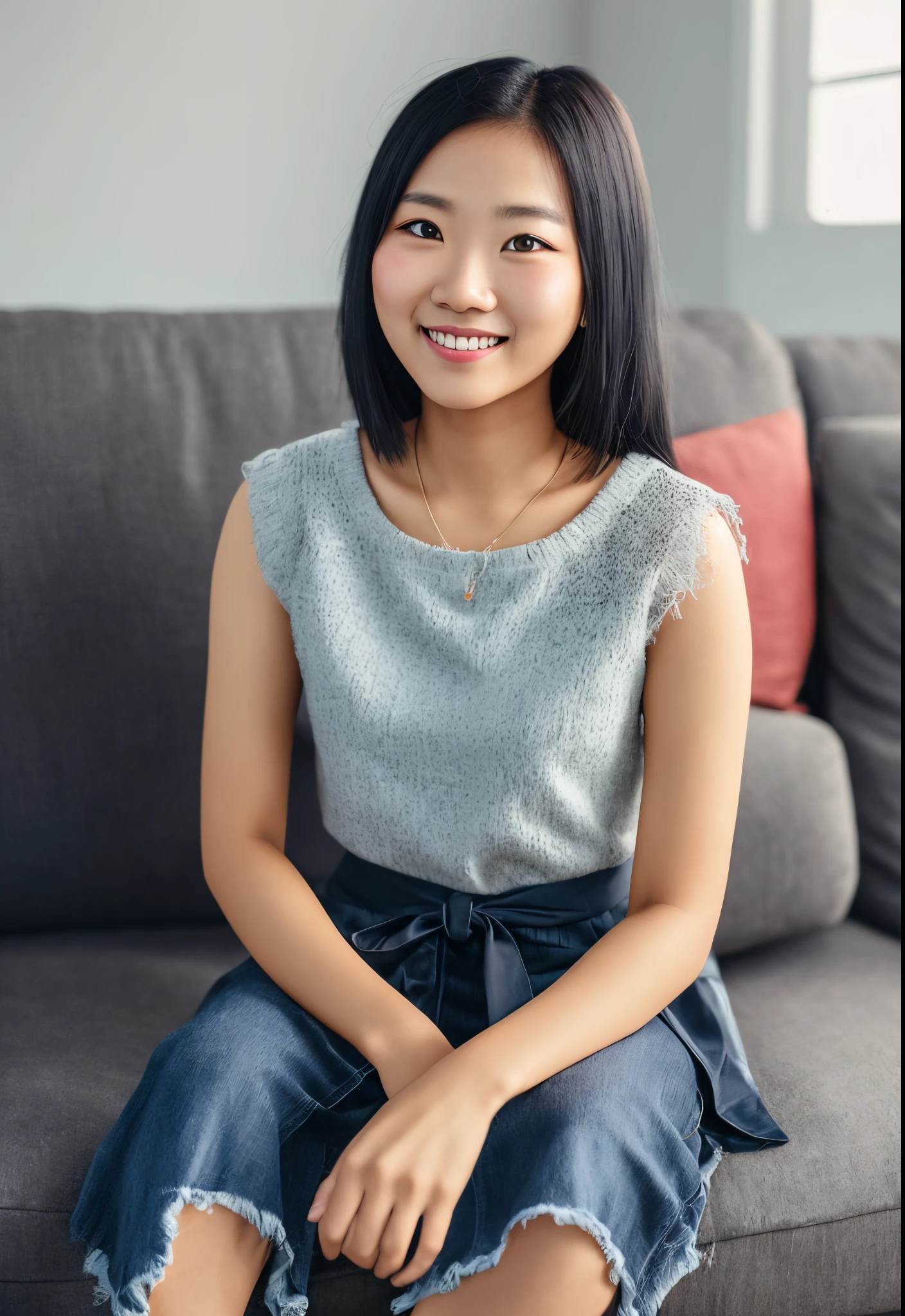 portrait, realistic, finely detailed, 4k, cinematic lighting, colourful photo, a 26 years old cute, beautiful woman, malay, bright skin, small body frame, tiny lips, mathematics high school teacher, a mother of 1 year old baby, sitting on a sofa in the living room, smiling, wearing kebarung. she has a long straight black hair at shoulder length. slim waist. waist and above appear in the photo.