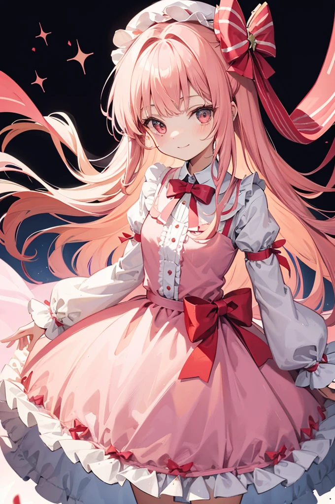 A beautiful girl in a pink dress and white lily hair is hugging a teddy bear, 1girl in, Solo, Red bow, Background Simple, stuffed toy, Simple background, Bow, Long hair, stuffed animal, Looking at Viewer, Long sleeves, food, Teddy Bear, Holding, hat, Bangs, dress with many ribbons, Background removal, smiling  girl, pink  dress, Standing Girl, a blond, Dresses with lots of frills, lots of ribbons, tiny girl, Long dresses, Short girl