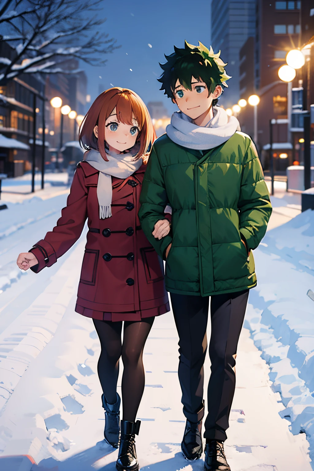 Cute couple Izuku Midoriya & Ochaco Uraraka walking hand in hand though a winter wonderland, snow-covered park