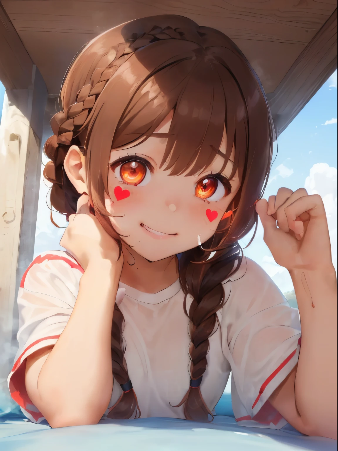 fluffy hair,Brown hair,((Braided shorthair)),Slightly red tide,(((Trembling girl ))),(NSFW),((Female )),((masturbation)),(cum on),((climax)),(SEX),(Shoot from below),((Kimesek)),(((AHE Face))),(Teary-eyed)),(Hollow eyes),(squatt),((cum shots)),((Thick vibrator insertion)),(Face distorted by pleasure),Smile on his face,((Why not put your hand on your cheek and make a cute pose??)),((severe dehydration)),((My head is grabbed and my hair is pulled)),(ecstacy),((Heart mark pops out))