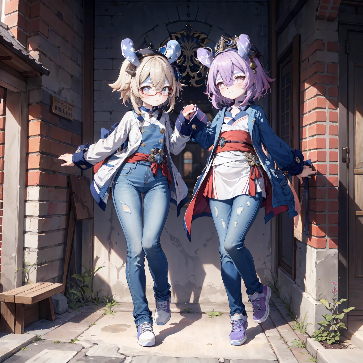 Melousine|genshin impact, masterpiece, bestquality,3 girl,young girl, Long Jeans,  Wear glasses, purple hair color, long hair in a ponytail,,,,,,,unstable _Front,oily shiny skin,flat chest,nice leg line:1.3,thick thighs, thin-waist,, red_streaks_light_wrap_dress, white_platform_sneakers, woven_El_bag, straw_headgear, gold_hoop_earrings, jacket, In a 19th century French town, long jeans city scenery,looking at the audience,From Top:1.2,dynamic angle