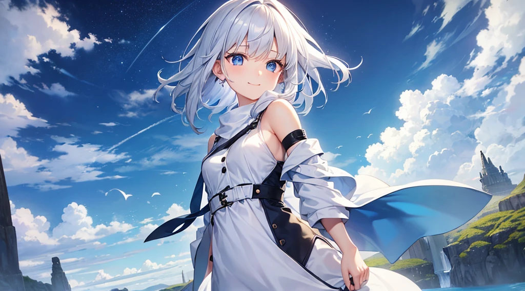 mid-shot, Look at viewers, hands behind back, girl with, 20 years old, Very short hair, long bangs between eyes, hair over shoulder, Grey Hair, Floating hair, ^ ^, pale blue eyes, Short dress, Hoodie, Skirt, Bare shoulder, White clothes, Blue sky, Nature, Sunlight, Extremely detailed,(masterpiece、top-quality)、独奏、1womanl、White hair、the tips of the hair are blue、Blue eyes、A smile、White skin as clear as snow、Fantastical,Small breasts, Silver hair, Blue eyes, Beautiful eyes, Teen Girl, Ecstasy, charmed, be smitten with audience, Hoodie, Hoodie with open front, fantastic landscape, Shoulder out,White muffler
