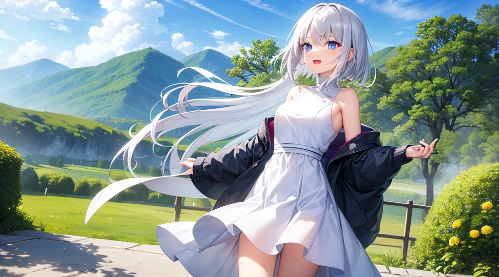 mid-shot, Look at viewers, hands behind back, girl with, 20 years old, Very short hair, long bangs between eyes, hair over shoulder, Grey Hair, Floating hair, ^ ^, pale blue eyes, Short dress, Hoodie, Skirt, Bare shoulder, White clothes, Blue sky, Nature, Sunlight, Extremely detailed,(masterpiece、top-quality)、独奏、1womanl、White hair、the tips of the hair are blue、Blue eyes、A smile、White skin as clear as snow、Fantastical,Small breasts, Silver hair, Blue eyes, Beautiful eyes, Girl, Ecstasy, charmed, be smitten with audience, Hoodie, Hoodie with open front, fantastic landscape, Shoulder out,White muffler,open open mouth