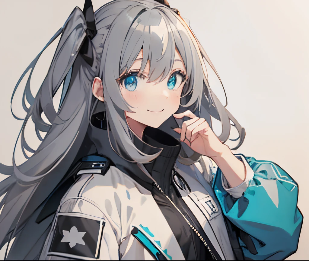 【Highest Quality, masutepiece】 [girl, Manteau, expressioness, Turquoise eyes, front facing, jet-black hair, Jacket , ] (Gray white background:1.7), smile elegantly,