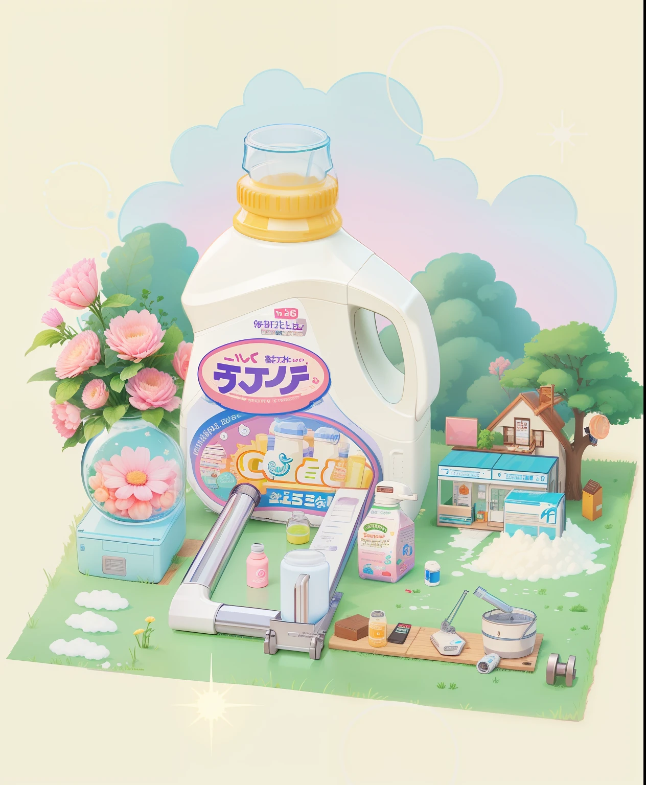 Cartoon picture with a bottle of liquid and a bunch of objects, Commercial illustration, foamy landscape, toothpaste refinery, beastly, promotional art, praise, Dream illustration, Lo-Fi illustration style, lofi aesthetics, environmental shot, author：Chizuko Yoshida, kawaii aesthetic, designed for cozy aesthetics!, full-colour illustration，Poster ads，Vitality 28 laundry detergent，Memphis