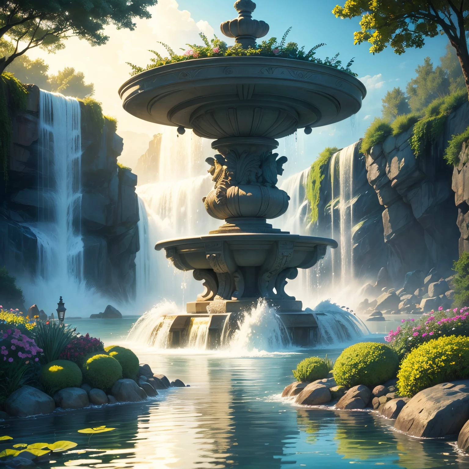 Best quality（（（large fountain）））,ultra - detailed,actual,water flowing,raging fountain,gleaming water droplets,reflector,Peaceful atmosphere,Beautiful natural surroundings,majestic fountain,vivd colour,soft sun light,calm water sound,tranquil ambiance,splash up,fountain spray,dynamic action,Wonderful spectacle,wonderful sight,Gorgeous garden,relaxed,unwind,in harmony with nature,exquisite detailing,Ethereal,,calm atmosphere,Unforgettable experience