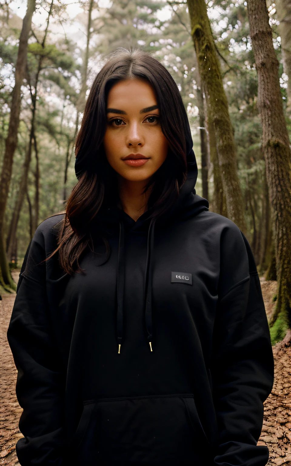 A pretty girl wears a black hoodie in the forest, looking intensely at the camera