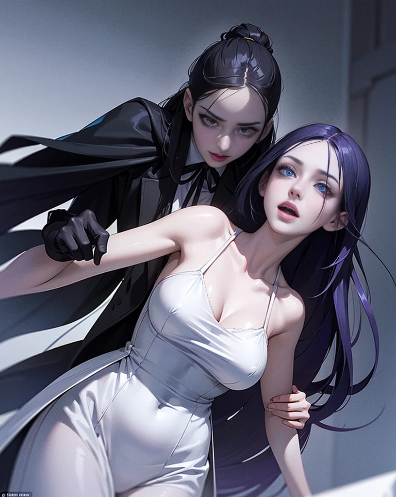 long shot. high action. modern gothic horror painting in shades of blue and purple. snowy, deserted London street at midnight. (2girls) a slender, pale black-haired woman, with a bony face, wearing a tattered purple Victorian dress in high action face-to-face battle with an evil blonde vampire, fangs exposed, dressed in skin-tight white nightgown. [cars: 1.3] [technology: 1.3]