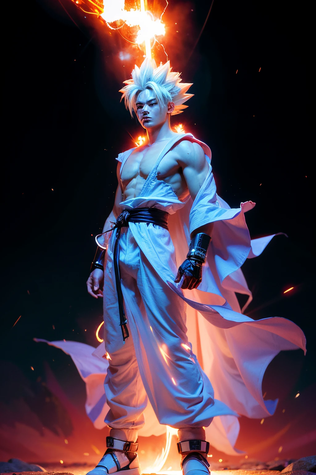 A realistic saga of Son Goku in his Super Saiyan 3 form, transparent, With a long period, Transparent white hair full of energy, A red light is emitted from the forehead. The red lines on the cheeks also radiate red light. Super Saiyan 3 Son Goku has long transparent hair, High cleanliness, Illuminated by bright fluorescent light, Intense white light, Surrounded by bright lights. 4K front camera photo of a muscular person with strong energy, Standing on broken, Rocky ground, Rocks flying in space. Full body energy pants and radiant white energy shoes. Glowing red tattoo on forehead and hands, Intense red light muscles, High precision detailed instincts, Transparent white energy hair, Epic anime depiction of a man of strength. black background, High realism, Exceed hard disk speeds, 4K clarity, Detailed, Top notch network. Space background scattered with white energy sparks and blue lightning. 4k manga wallpaper, Transparent Super Saiyan, 4k anime wallpaper, Anime wallpapers, Dragon Ultra Super Saiyan 3 Transparent White, high...A realistic saga of Son Goku in his Super Saiyan 3 form, transparent, With a long period, Transparent white hair full of energy, A red light is emitted from the forehead. The red lines on the cheeks also radiate red light. Super Saiyan 3 Son Goku has long transparent hair, High cleanliness, Illuminated by bright fluorescent light, Intense white light, Surrounded by bright lights. 4K front camera photo of a muscular person with strong energy, Standing on broken, Rocky ground, Rocks flying in space. Full body energy pants and radiant white energy shoes. Glowing red tattoo on forehead and hands, Intense red light muscles, High precision detailed instincts, Transparent white energy hair, Epic anime depiction of a man of strength. black background, High realism, Exceed hard disk speeds, 4K clarity, Detailed, Top notch network. Space background scattered with white energy sparks and blue lightning. 4k manga wallpaper, Transparent Super Saiyan, 4k anime wallpaper, Anime wallpapers, Dragon Ultra Super Saiyan 3 Transparent White, high...