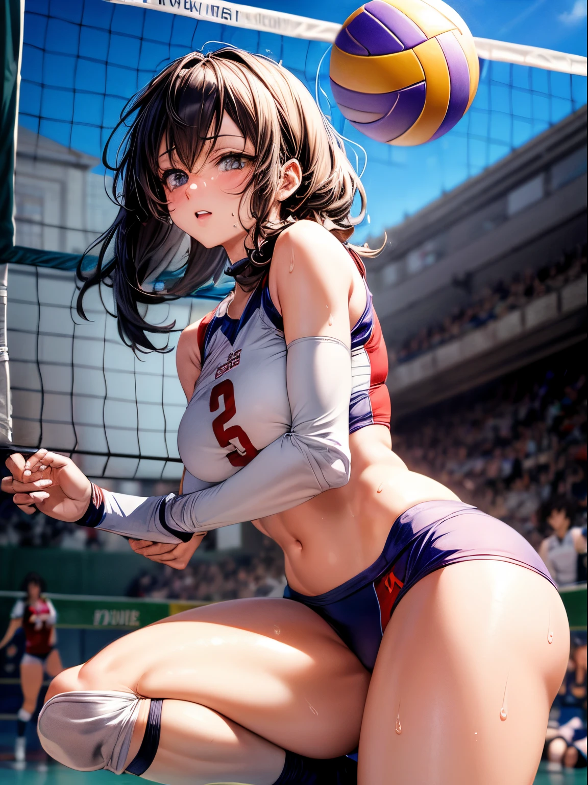 Best Quality, masutepiece, High resolution, (Anime Heroine Illustration), Anime Paint, 1beautiful girl ,Dynamic Angle,Female volleyball players,small head,Large breasts,nice legs, Glowing skin, Sweat,At the volleyball venue ,Pretty