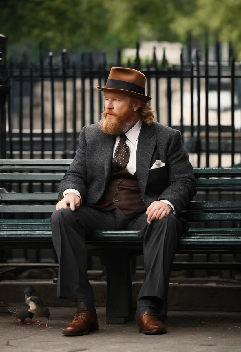 A photo of Harvey sitting on a park bench, feeding pigeons with an exaggeratedly bored expression on his face.,Gotham,Harvey is an older male, with ginger and grey shaggy hair and beard, wears a suit and tie and fedora, famously portrayed by Donal Logue