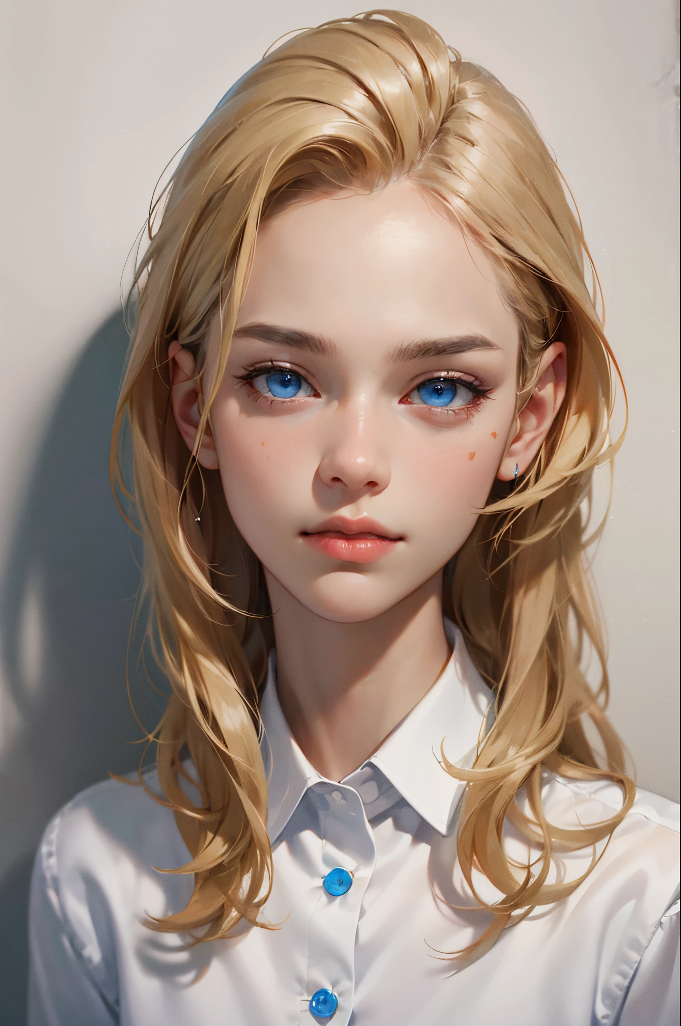 masterpiece, best quality, 1girl, blonde hair, blue eyes, black skin, white shirt, mugshot, wall background, detailed eyes, detailed facial features, realistic and high resolution (best quality, 4k, 8k, highres, masterpiece:1.2)