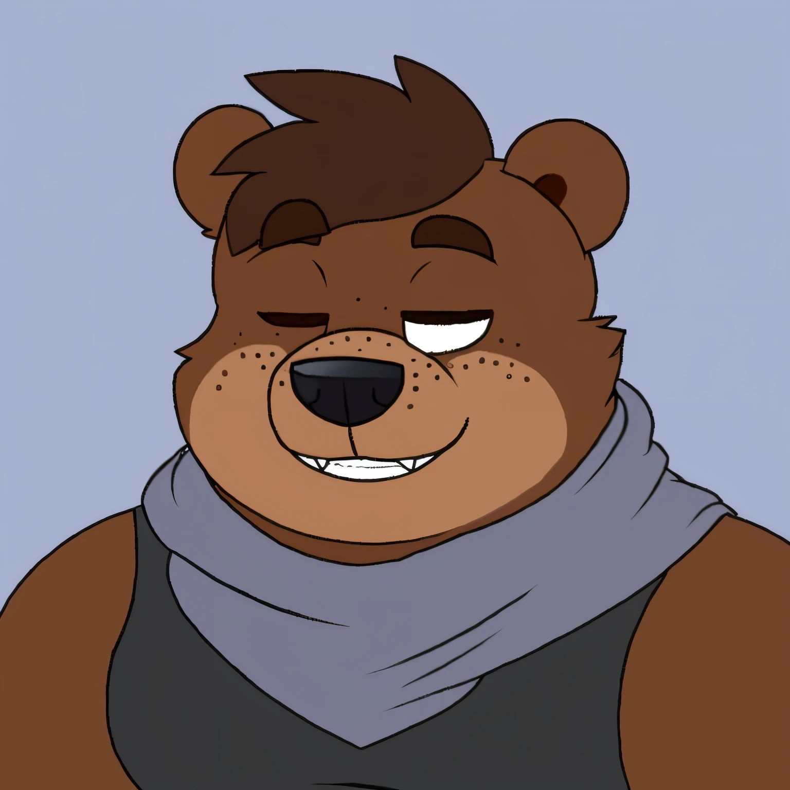 An anthro Brown Bear with a muscular chubby body. It wears a grey shirt along with a grey scarf. It’s hair is long and spiky and covers it’s eyes. It has freckles and a snaggle for tooth in his smile.