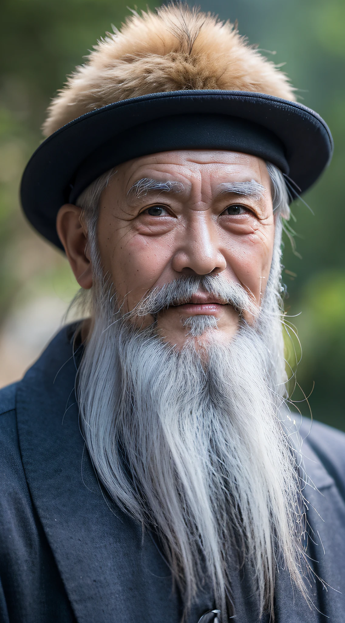 An old Chinese man with a long white beard，In the mountains, Taoist, frontal photos，Kind face，fully clothed photos，