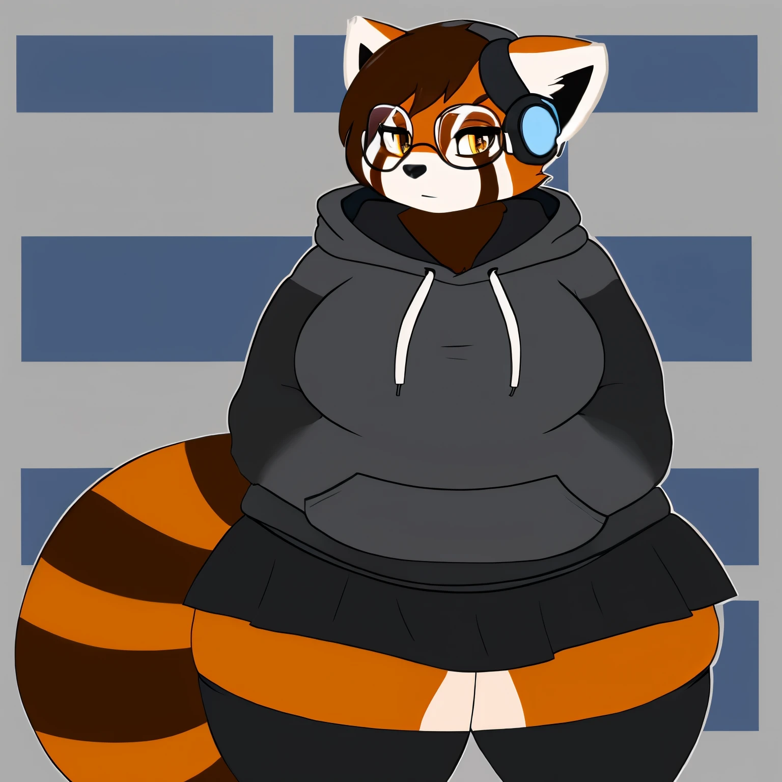 An anthro Red Panda that has a curvy and voluptuous body. It wears a black shirt with a black and grey short sleeve hoodie and black shorts with a skirt. It also wears headphones around its neck and wears glasses. It has Amber eyes.