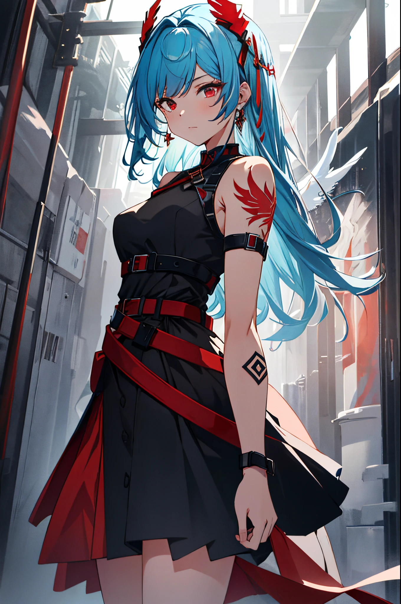 masterpiece, best quality, absurdres, perfect anatomy, standing, 1girl, solo, Cyan hair, Red eyes, arm tattoo, (bare shoulders, sleeveless, black dress, red belt,) Angel girl, Red halo, jewelry, angel wings.