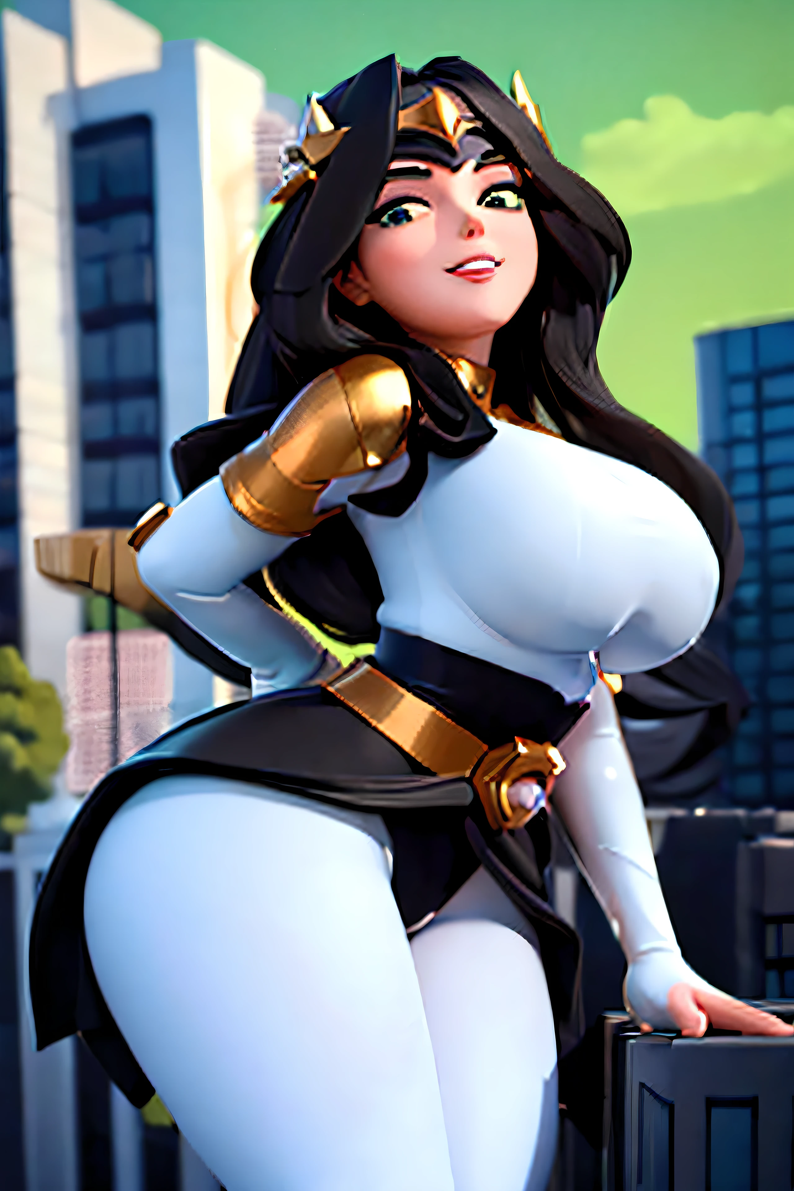 ((best quality)), ((masterpiece)), (detailed), perfect face, wide hips, thin waist, white tights, white black and gold tights, long black hair, green eyes, giantess, GTS, thick legs, kind smile, city, ((crowd)), mature woman, hourglass, cartoon, hourglass shape, big ass