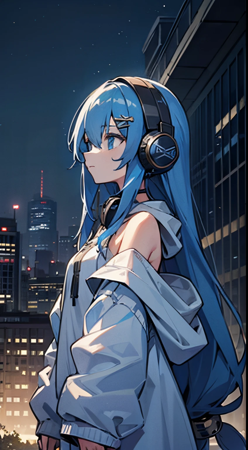 1 girl, hoodie, blue hair, very long hair, off the shoulder, feather hair ornament, headphones around neck, city, night, outdoors