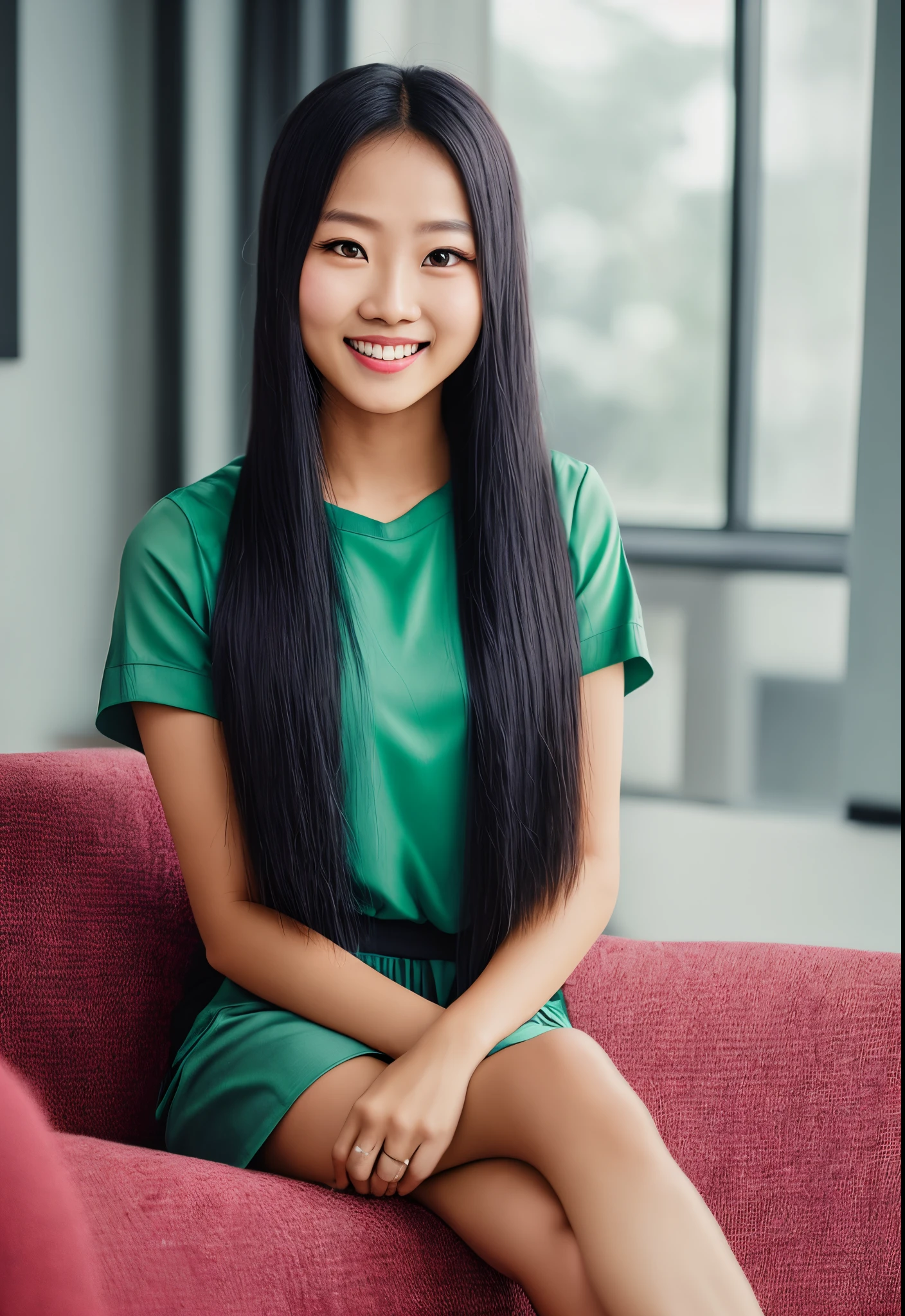portrait, realistic, finely detailed, 4k, cinematic lighting, colourful photo, a 26 years old cute, beautiful woman, malay, bright skin, small body frame, tiny lips, mathematics high school teacher, a mother of 1 year old baby, sitting on a sofa in the living room, smiling, wearing kebarung. she has a long straight black hair at shoulder length. slim waist. waist and above appear in the photo.
