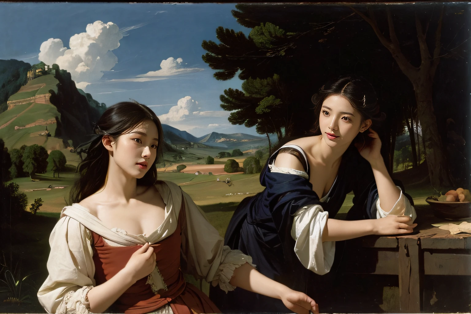 Poussin-style landscape,A smile,,Sweet and seductive appearance.、Caravaggio's paintings、Chiaroscuro of Caravaggio、Hair disheveled in the wind,Two women frolicking